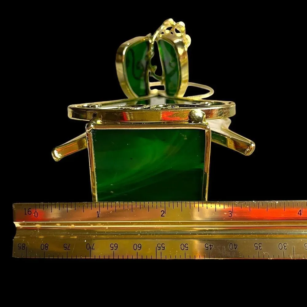 VTG Stained Glass Green & Gold Tone Metal Angel Tealight Votive Candle Holder